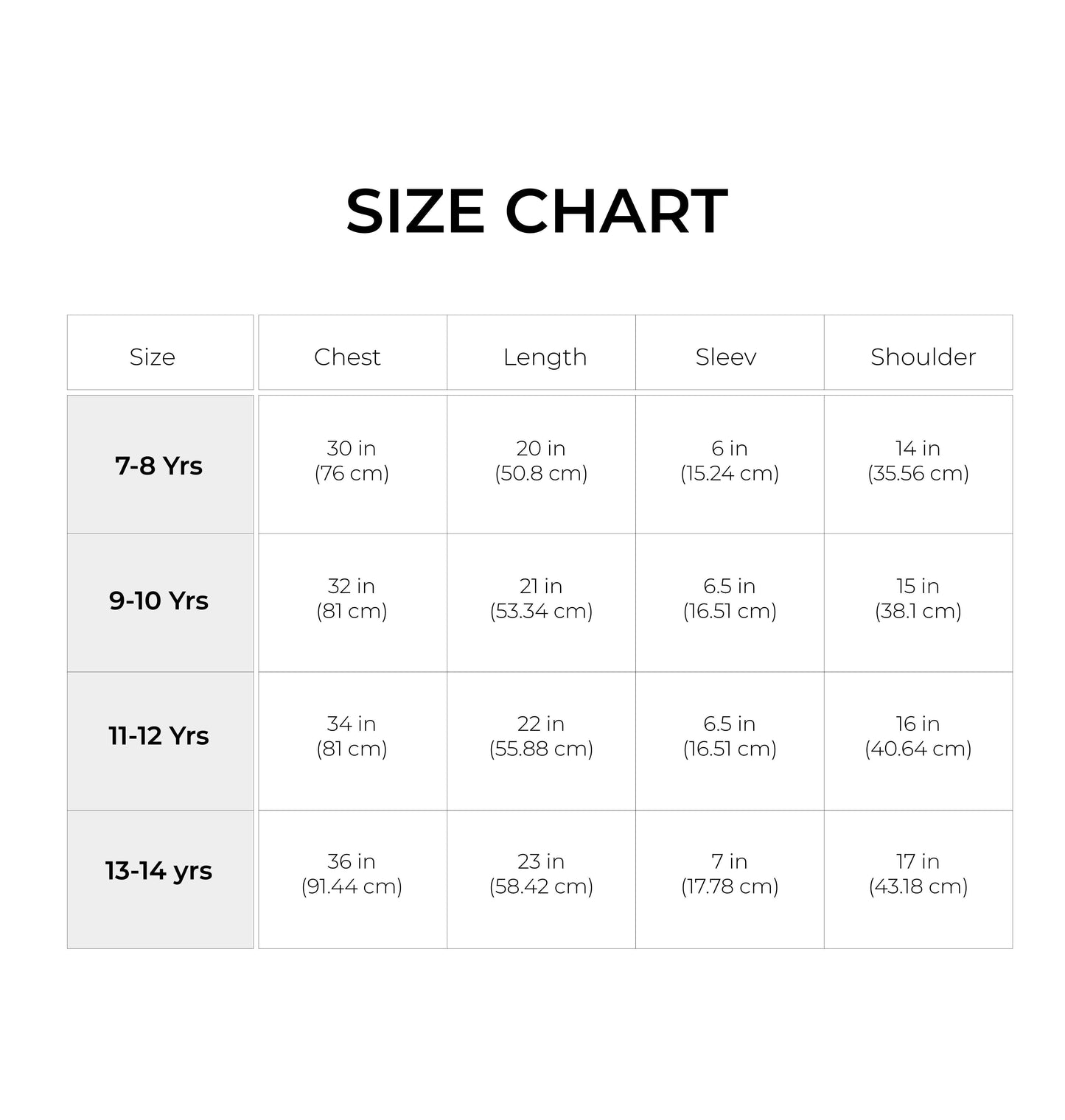 Ichigo Clothing Kids Size Chart